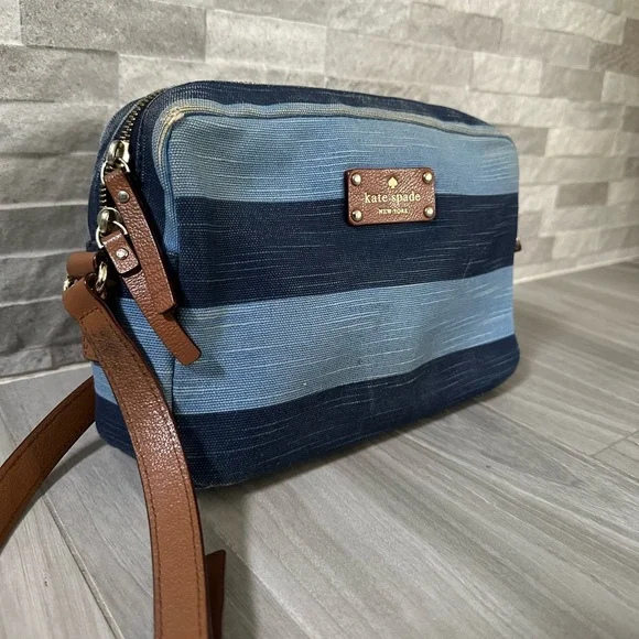 Kate Spade Denim Stripe Crossbody Camera Bag- leather Strap- Blue Brown Gold - Picture 3 of 11